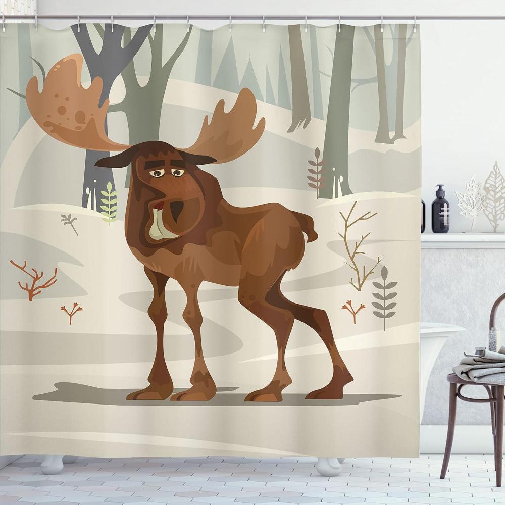 imageAmbesonne Northwoods Shower Curtain Happy Smiling Elk Mascot Character Walking in The Forest Cartoon Illustration Cloth Fabric Bathroom Decor Set with Hooks 69 W x 84 L Multicolor
