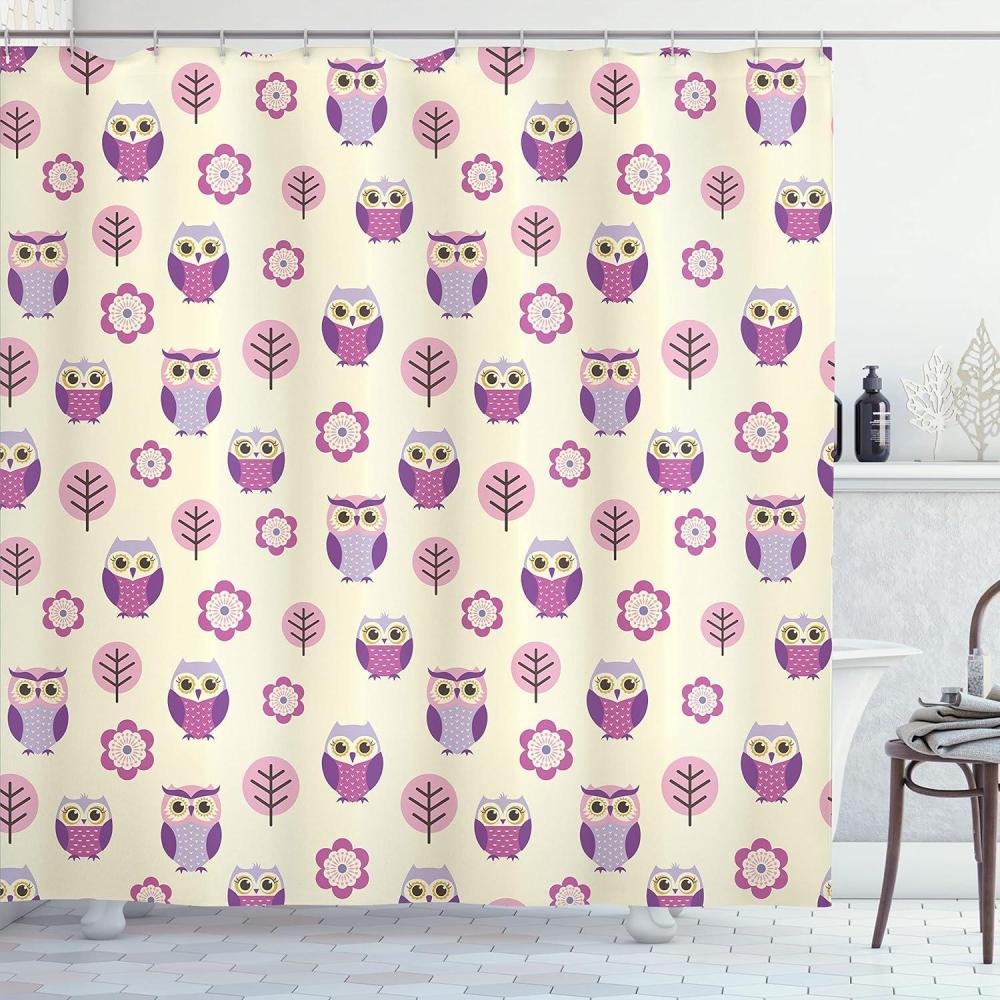 imageAmbesonne Owls Shower Curtain Owl Cartoon Pattern Feminine Soft Colors Happy Springtime Cloth Fabric Bathroom Decor Set with Hooks 69 W x 70 L Rose Pale Yellow PurpleRose Pale Yellow Purple