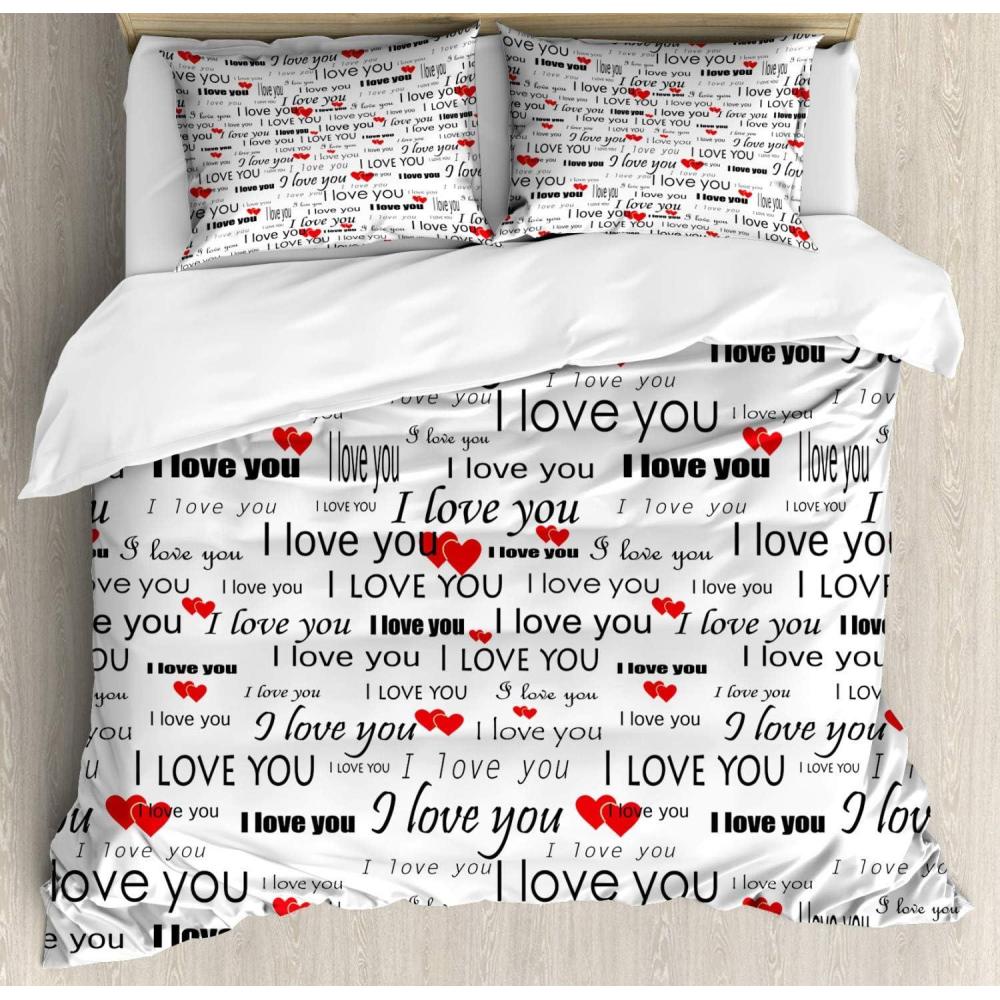 imageAmbesonne Romantic Duvet Cover Set I Love You Words Hearts Romance Couple Valentine Plain Backdrop Decorative 3 Piece Bedding Set with 2 Pillow Shams California King Vermilion Black White
