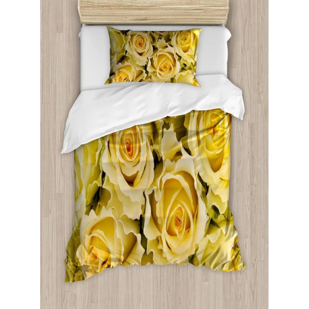 imageAmbesonne Rose Duvet Cover Set Blooming Fresh Pink Roses Bridal Bouquet Romance Sweetheart Valentine Decorative 3 Piece Bedding Set with 2 Pillow Shams King Size Pink Pale GreenYellow Pale Green