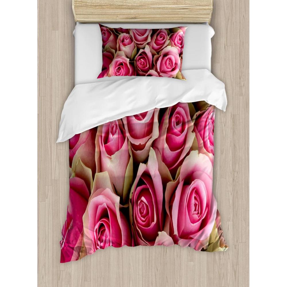 imageAmbesonne Rose Duvet Cover Set Blooming Fresh Pink Roses Bridal Bouquet Romance Sweetheart Valentine Decorative 3 Piece Bedding Set with 2 Pillow Shams King Size Pink Pale GreenPink Pale Green