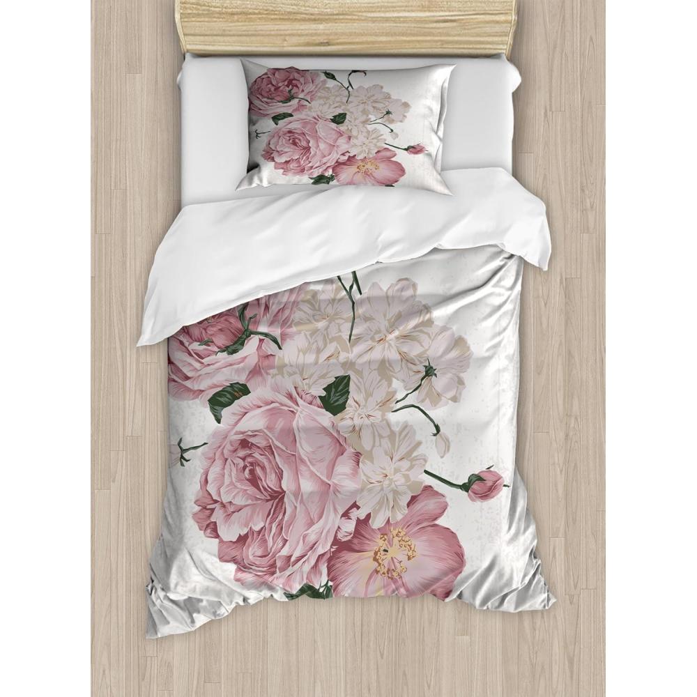 imageAmbesonne Rose Duvet Cover Set Blooming Fresh Pink Roses Bridal Bouquet Romance Sweetheart Valentine Decorative 3 Piece Bedding Set with 2 Pillow Shams King Size Pink Pale GreenBeige Rose Green