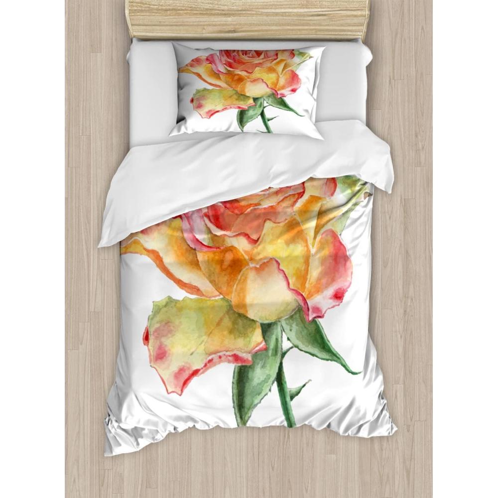 imageAmbesonne Rose Duvet Cover Set Blooming Fresh Pink Roses Bridal Bouquet Romance Sweetheart Valentine Decorative 3 Piece Bedding Set with 2 Pillow Shams King Size Pink Pale GreenGreen Orange Coral
