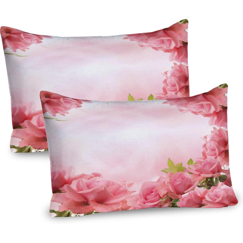 imageAmbesonne Valentine Pillow Sham Set of 2 Framework with Romantic Roses with Leaves Bridal Wedding Marriage Corsage Quality Microfiber Bedding Item for All Seasons 26 x 20 Pink Coral
