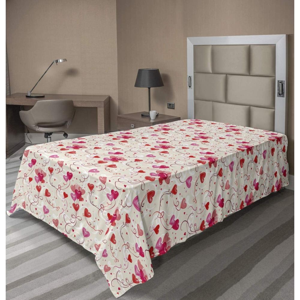 imageAmbesonne Valentines Day Flat Sheet Print of Heart Shaped Balloons Flying Up with Mini Hearts Soft Comfortable Top Sheet Decorative Bedding 1 Piece Queen Size Eggshell VermilionTwin