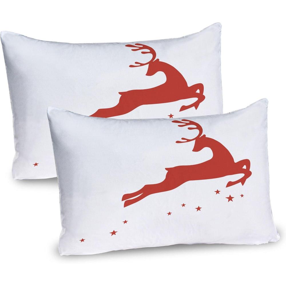 imageAmbesonne Valentines Day Pillow Sham Set of 2 Jumping Reindeer Leaving a Starry Trace Behind Popular Christmas Character Quality Microfiber Bedding Item for All Seasons 26 x 20 White RedWhite Red