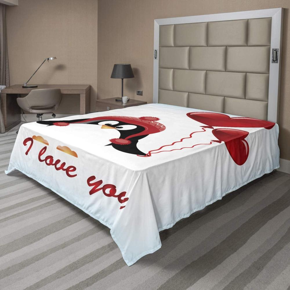 imageAmbesonne Valentines Flat Sheet Happy Birthday Balloons I Love You Lettering Funny Penguin Image Soft Comfortable Top Sheet Decorative Bedding 1 Piece Full Size Pale Blue Black Red