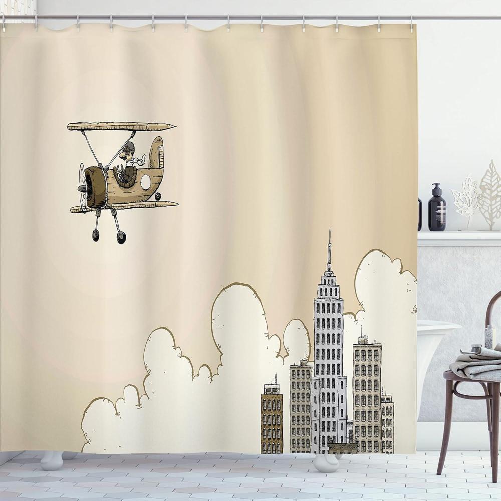 imageAmbesonne Vintage Airplane Shower Curtain Cartoon Style Biplane in Modern City Clouds and High Rise Buildings Cloth Fabric Bathroom Decor Set with Hooks 69 W x 70 L Tan White Grey