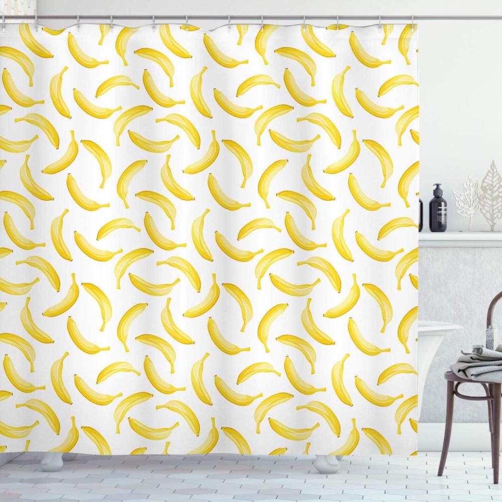 imageAmbesonne Yellow and White Shower Curtain Cartoon Style Bananas Pattern Exotic Pop Art Fruit Tropical Theme Print Cloth Fabric Bathroom Decor Set with Hooks 69 W x 84 L Yellow White