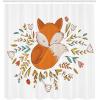 Ambesonne Cartoon Shower Curtain, Fox Sleeping in a Floral Made Bed Circle Art Print, Cloth Fabric Bathroom Decor Set with Hooks, 69″ W x 70″ L, Dark Orange White