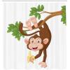 Ambesonne Cartoon Shower Curtain, Funny Monkey Hanging from Tree and Holding Banana Jungle Animals Theme Print, Cloth Fabric Bathroom Decor Set with Hooks, 69″ W x 70″ L, Chocolate White