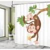 Ambesonne Cartoon Shower Curtain, Funny Monkey Hanging from Tree and Holding Banana Jungle Animals Theme Print, Cloth Fabric Bathroom Decor Set with Hooks, 69″ W x 70″ L, Chocolate White
