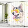 Ambesonne Cartoon Shower Curtain, Pug Dog in Bathtub Grooming Salon Service Shampoo Rubber Duck Pets in Style Image, Cloth Fabric Bathroom Decor Set with Hooks, 69″ W x 70″ L, Teal(Yellow Beige)