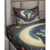 Ambesonne Cat Sheet Set, Romantic Date Night of Kitties Drinking Milkshake Cozy Night Scene Valentines, Fitted and Flat Sheet with Pillowcases Bedding Accent 4 Piece Set, King, Dark Blue Apricot(Dark Night Blue Vermilion)