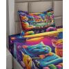 Ambesonne Cat Sheet Set, Romantic Date Night of Kitties Drinking Milkshake Cozy Night Scene Valentines, Fitted and Flat Sheet with Pillowcases Bedding Accent 4 Piece Set, King, Dark Blue Apricot(Magenta Orange and Purple)