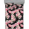 Ambesonne Floral Fitted Sheet & Pillow Sham Set, Valentine’s Day Concept Art Pastel Repetitive Roses Pattern Plot, Decorative Printed 3 Piece Bedding Decor Set, Queen, Dark Pink Blush and White(Pink Laurel Green and Black)