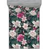Ambesonne Floral Fitted Sheet & Pillow Sham Set, Valentine’s Day Romantic Concept Watercolor Hydrangeas Roses Birds, Decorative Printed 3 Piece Bedding Decor Set, Calking, Soft Pink Pistachio Green(Pink Laurel Green White)
