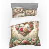 Ambesonne Floral Heart Bedding Set, Tenderness of Romantic Garden Ivy Branches and Roses Valentines Day, 3 Piece Duvet Cover Set with Sham and Fitted Sheet, Twin XL Size, Laurel Green and Pink(Laurel Green and Pink)
