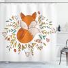 Ambesonne Cartoon Shower Curtain, Fox Sleeping in a Floral Made Bed Circle Art Print, Cloth Fabric Bathroom Decor Set with Hooks, 69″ W x 70″ L, Dark Orange White