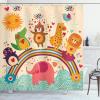 Ambesonne Cartoon Shower Curtain, Happy Animals Bear Lion Crocodile Birds on Rainbow Drawing Effect, Cloth Fabric Bathroom Decor Set with Hooks, 69″ W x 70″ L, Orange Green