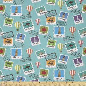 Ambesonne Adventure Cartoon Fabric by The Yard, Popular Travel Destinations Passport Stamp Motifs of Countries and Cities, Microfiber Fabric for Arts and Crafts Textiles & Decor, 1 Yard, Teal Orange(Teal Orange)