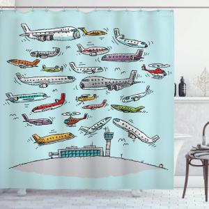 Ambesonne Airplane Shower Curtain, Planes Fying in Air Aviation Love Airport Helicopters and Jets Cartoon Style Print, Cloth Fabric Bathroom Decor Set with Hooks, 69″ W x 70″ L, Multicolor Pale Grey
