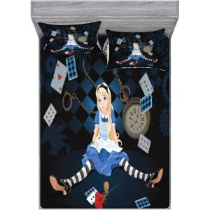 Ambesonne Alice in Wonderland Fitted Sheet & Pillow Sham Set, Grown Giant Girl Sitting Flying Cards and Rose Checkered Cartoon, Decorative Printed 3 Piece Bedding Decor Set, Queen, Dark Blue