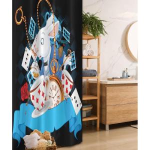 Ambesonne Alice in Wonderland Stall Shower Curtain, Rabbit Motion Cups Hearts and Flower Character Alice Cartoon Style, Fabric Bathroom Decor Set with Hooks, 36″ W x 72″ L, Dark Blue Charcoal Grey