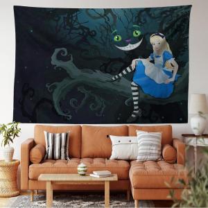 Ambesonne Alice in Wonderland Tapestry King Size, Alice Sitting on Branch and Chescire Cat in Darkness Cartoon Style, Wall Hanging Bedspread Bed Cover Wall Decor, 104″ X 88″, Dark Green