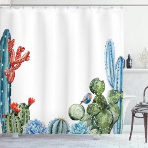 Ambesonne Cactus Shower Curtain, Cacti Spikes Flowers Birds Cartoon Style Vintage Like Colored Art, Cloth Fabric Bathroom Decor Set with Hooks, 69″ W x 84″ L, Green and Blue(Green and Blue)