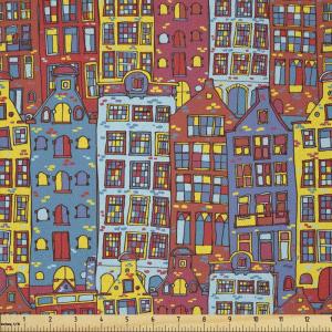 Ambesonne Cartoon Apartments Fabric by The Yard, Amsterdam Holland Cityscape Urban Sketch with Colorful Windows Print, Microfiber Fabric for Arts and Crafts Textiles & Decor, 2 Yards, Multicolor