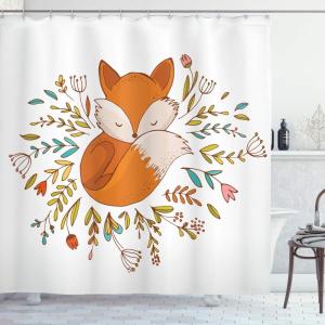 Ambesonne Cartoon Shower Curtain, Fox Sleeping in a Floral Made Bed Circle Art Print, Cloth Fabric Bathroom Decor Set with Hooks, 69″ W x 70″ L, Dark Orange White