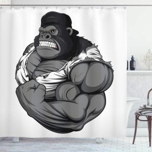 Ambesonne Cartoon Shower Curtain, Image of Big Gorilla Like as Professional Athlete Bodybuilding Gym Animal, Cloth Fabric Bathroom Decor Set with Hooks, 69″ W x 70″ L, Black White Grey