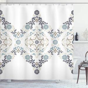 Ambesonne Cartoon Shower Curtain, Pug Dog in Bathtub Grooming Salon Service Shampoo Rubber Duck Pets in Style Image, Cloth Fabric Bathroom Decor Set with Hooks, 69″ W x 70″ L, Teal(Blue Grey)