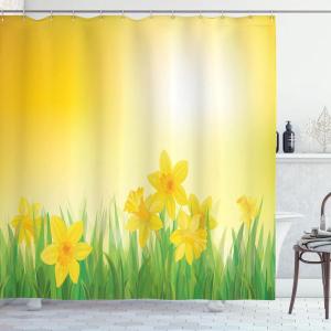 Ambesonne Cartoon Shower Curtain, Pug Dog in Bathtub Grooming Salon Service Shampoo Rubber Duck Pets in Style Image, Cloth Fabric Bathroom Decor Set with Hooks, 69″ W x 70″ L, Teal(Yellow and Green)
