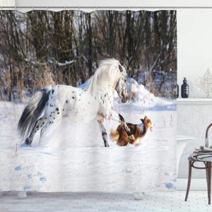Ambesonne Cartoon Shower Curtain, Pug Dog in Bathtub Grooming Salon Service Shampoo Rubber Duck Pets in Style Image, Cloth Fabric Bathroom Decor Set with Hooks, 69″ W x 70″ L, Teal(Brown White)