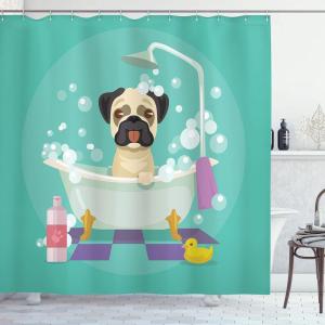 Ambesonne Cartoon Shower Curtain, Pug Dog in Bathtub Grooming Salon Service Shampoo Rubber Duck Pets in Style Image, Cloth Fabric Bathroom Decor Set with Hooks, 69″ W x 70″ L, Teal(Teal)