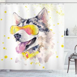Ambesonne Cartoon Shower Curtain, Pug Dog in Bathtub Grooming Salon Service Shampoo Rubber Duck Pets in Style Image, Cloth Fabric Bathroom Decor Set with Hooks, 69″ W x 70″ L, Teal(Yellow Beige)
