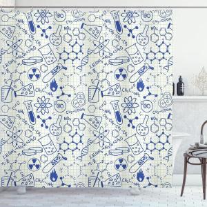 Ambesonne Cartoon Shower Curtain, Science Chemistry Geometry Math Nerd Geek and Genius Themed Design Art, Cloth Fabric Bathroom Decor Set with Hooks, 69″ W x 70″ L, Blue and Ivory