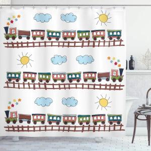 Ambesonne Cartoon Shower Curtain, Style Train and Tracklines on Sunny Day Hand Drawn Sun and Clouds Flowers, Cloth Fabric Bathroom Decor Set with Hooks, 69″ W x 70″ L, Chocolate Multicolor
