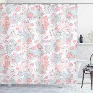 Ambesonne Cartoon Shower Curtain, Styled Cats Bats and Skulls Japanese Inspired Kawaii Design, Cloth Fabric Bathroom Decor Set with Hooks, 69″ W x 75″ L, Light Pink