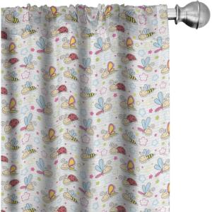 Ambesonne Cartoon Window Curtains, Bugs with Colorful Flowers Ladybugs Dragonflies Bees Animal Fun, Lightweight Decor 2-Panel Set with Rod Pocket, Pair of – 28″ x 84″, Blue Red