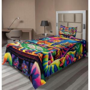 Ambesonne Cat Sheet Set, Romantic Date Night of Kitties Drinking Milkshake Cozy Night Scene Valentines, Fitted and Flat Sheet with Pillowcases Bedding Accent 4 Piece Set, King, Dark Blue Apricot(Magenta Orange and Purple)