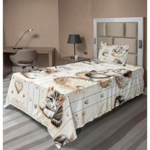 Ambesonne Cat Sheet Set, Romantic Date Night of Kitties Drinking Milkshake Cozy Night Scene Valentines, Fitted and Flat Sheet with Pillowcases Bedding Accent 4 Piece Set, King, Dark Blue Apricot(Ivory Pale Brown Grey)