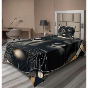 Ambesonne Cat Sheet Set, Romantic Date Night of Kitties Drinking Milkshake Cozy Night Scene Valentines, Fitted and Flat Sheet with Pillowcases Bedding Accent 4 Piece Set, King, Dark Blue Apricot(Charcoal Grey)