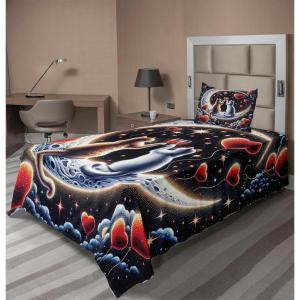 Ambesonne Cat Sheet Set, Romantic Date Night of Kitties Drinking Milkshake Cozy Night Scene Valentines, Fitted and Flat Sheet with Pillowcases Bedding Accent 4 Piece Set, King, Dark Blue Apricot(Indigo and Scarlet)