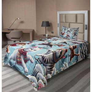 Ambesonne Cat Sheet Set, Romantic Date Night of Kitties Drinking Milkshake Cozy Night Scene Valentines, Fitted and Flat Sheet with Pillowcases Bedding Accent 4 Piece Set, King, Dark Blue Apricot(Soft Blue Burnt Orange)