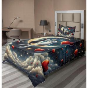 Ambesonne Cat Sheet Set, Romantic Date Night of Kitties Drinking Milkshake Cozy Night Scene Valentines, Fitted and Flat Sheet with Pillowcases Bedding Accent 4 Piece Set, King, Dark Blue Apricot(Dark Night Blue Vermilion)
