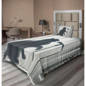 Ambesonne Cat Sheet Set, Romantic Date Night of Kitties Drinking Milkshake Cozy Night Scene Valentines, Fitted and Flat Sheet with Pillowcases Bedding Accent 4 Piece Set, King, Dark Blue Apricot(Dark Blue Grey Off White)