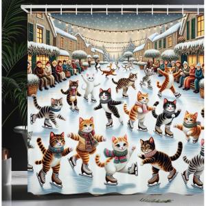 Ambesonne Cat Shower Curtain, Funny and Cheery Kitties Ice Skating Winter Happiness Funny Cartoon Xmas, Cloth Fabric Bathroom Decor Set with Hooks, 69″ W x 70″ L, Orange Brown Pale Blue